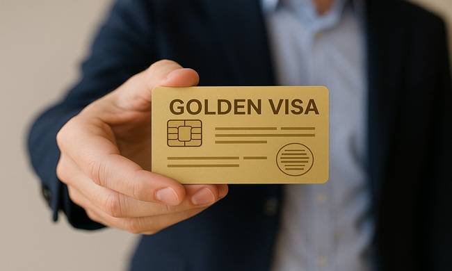 Doanh nhân giơ thẻ Golden Visa vàng minh họa bài viết giá trị thực của thẻ cư trú Hy Lạp